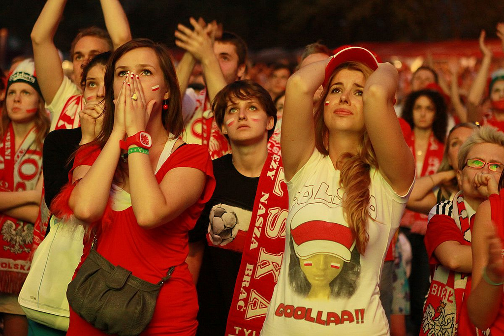 Polish football fans at a tense moments.